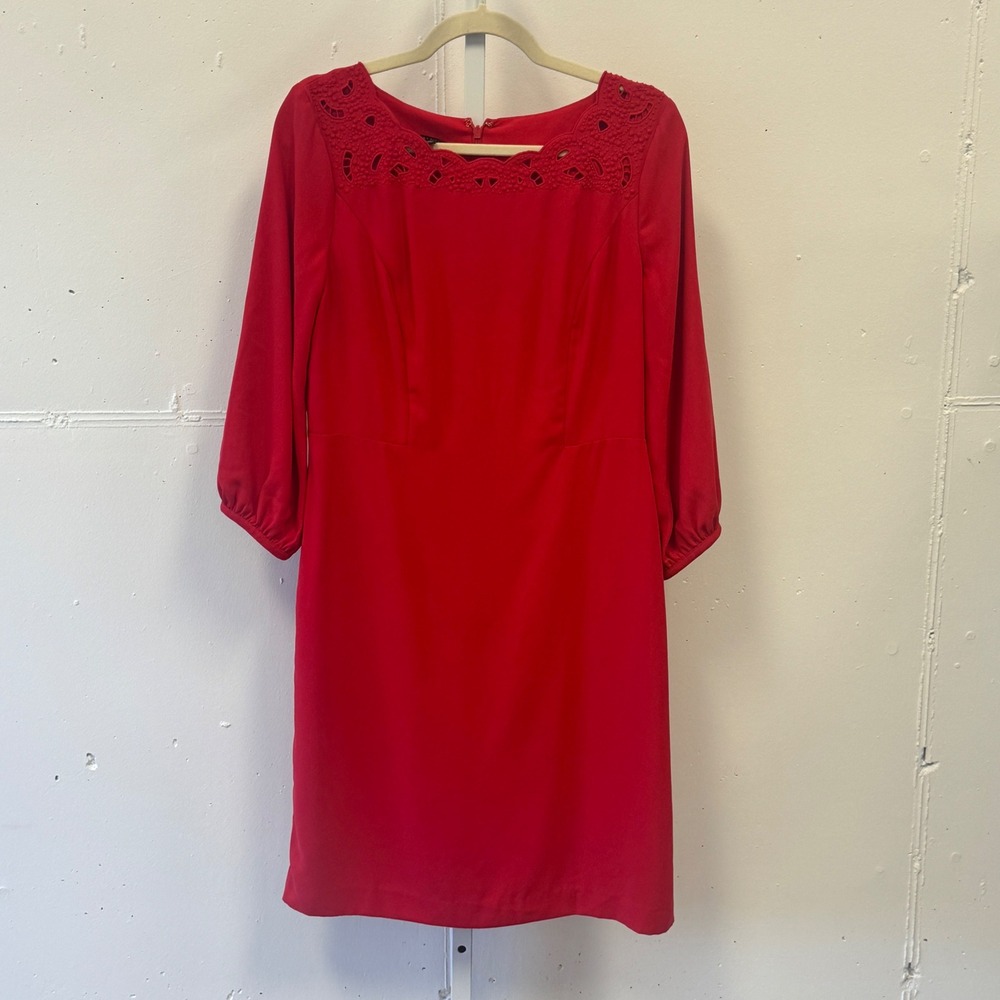 Talbots Eyelet Embroidered Neckline Sheath Knee Length Dress 3/4 Sleeve Sz 4 Red